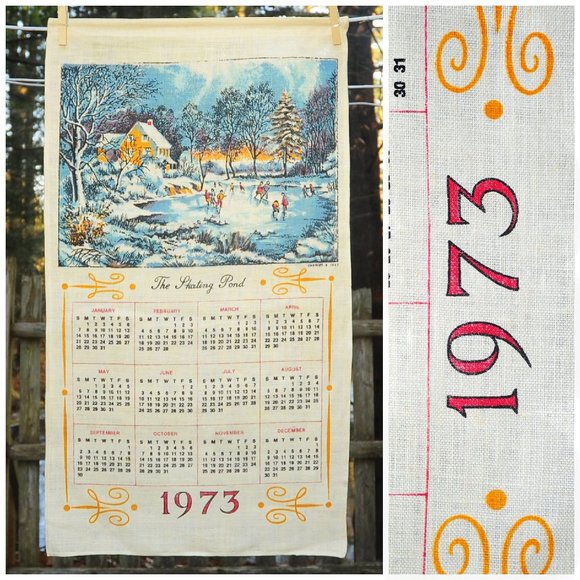 VTG 1973 'The Skating Pond' Calendar Towel Currier & Ives Birthday Anniversary